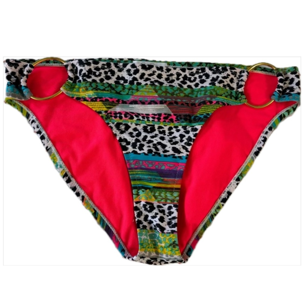 Leopard Jessica Simpson Colorful Black & White Bikini Bottom w golden hip rings!